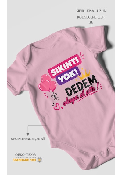 Morivokids Sıkıntı Yok Dedem Konuya El Attı Kısa Kollu Bebek Body %100 Pamuk Koyu Pembe