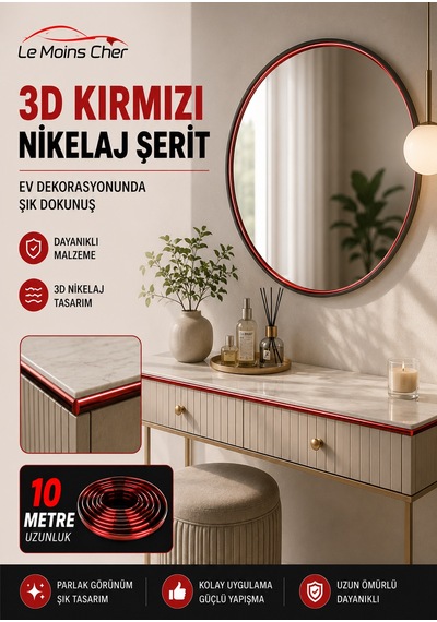 3d Kırmızı Nikelaj Şerit 10 Metre Tv Ünitesi Dolap Kenar Çıtası