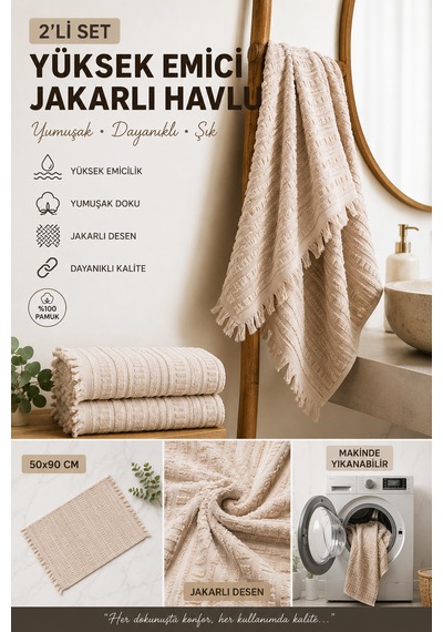 2'li Yüz Havlusu Seti 50x90 Cm Pamuklu El Havlusu Püsküllü Yumuşak Dokulu Yüksek Emici Günlük Kullanım Bej