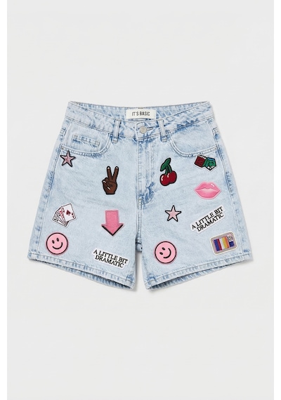 it's basic Kadın Ice 4s6-3 Relax Mom Fit Emoji Nakış Detaylı Özel Tasarım Denim Şort Ice Rengi