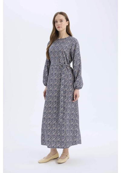 DeFacto Regular Fit Bisiklet Yaka Desenli Kuşaklı Uzun Kollu Maxi Elbise E5247AX25SPNV134