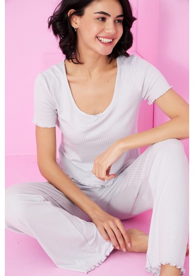 Siyah İnci Soft Touch İnce Mevsimlik Örme Pijama Takım7869 Gri