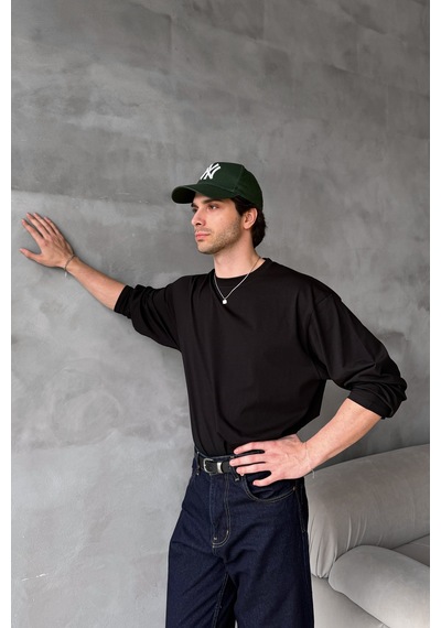 Erkek Oversize Uzun Kollu Basic T-shirt Siyah