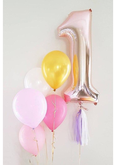 Rose 1 Rakamı Püsküllü Balon Set Pembe
