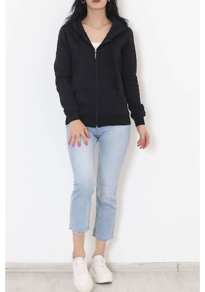 Bensu Store - Kapşonlu Fermuarlı Sweat Siyah - 11866.108. 001