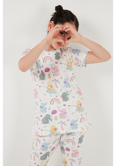 Lela % 100 Pamuk Bisiklet Yaka Kısa Kollu Kız Çocuk Pijama Takımı 6651004 Ekru