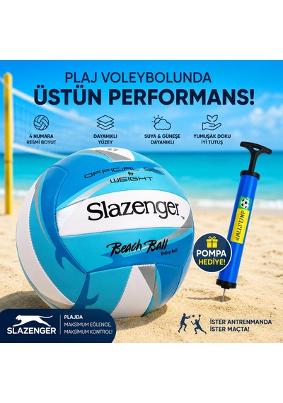 Slazenger 4 Numara Plaj Voleybol Topu + Pompa Hediyeli Resmi Boyut Ve Ağırlık Mavi