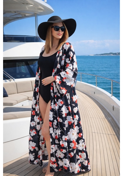 Wellway Viskon Saten Kumaş Kimono - Pareo - Sabahlık - Kuşak Dahildir - Siyah Siyah