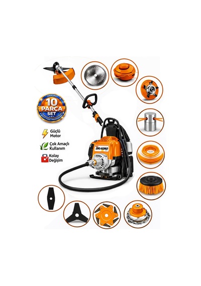 Dragro German Drg-10 + Sırt Tipi Benzinli Ot Çalı Çim Biçme Tırpanı + Full Set Hediyeli T