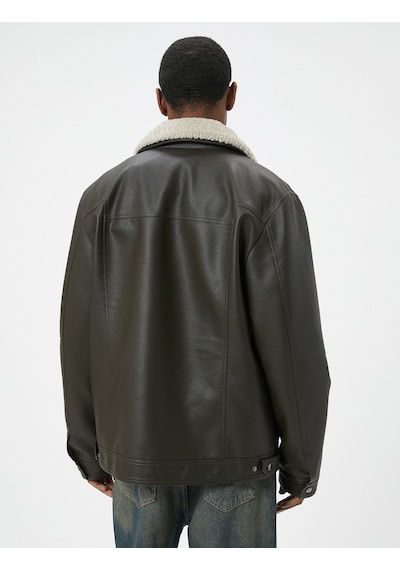 Koton Suni Deri Ceket Yakası Kürklü Cepli Fermuarlı Astarlı Slim Fit Kahverengi 5wam20085hw Kahverengi