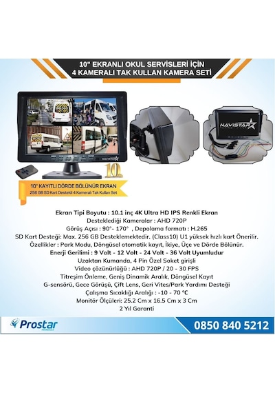 Kayıtlı 10&quot Dörde Bölünebilir 4 Kameralı Ahd 720p Okul Servisler Için Kamera Seti