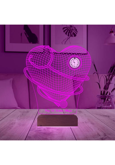 Luvivia Doktor Hediye Kalp Cerrah Steteskop Kişiye Özel Metal Saatli 3d Lamba - Masa Gece Lambası Şeffaf
