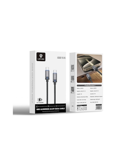 Lenyes LC532 60 W Type-C to Type-C Hızlı Data ve Şarj Kablosu 1 M Gri