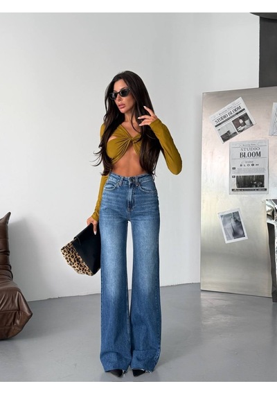 Yüksek Bel Wide-leg Jean Koyu Mavi