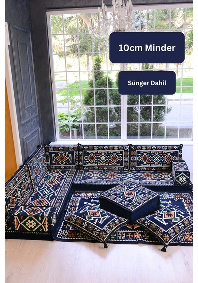 Otantik Şark Köşesi Takımı Lacivert Anadolu 13 Parça Kilim Ve Puf Dahil Süngerli Sedir Seti