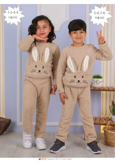 Aden Kids Kahverengi Tavşan Desenli Peluş Çocuk Alt-üst Takım