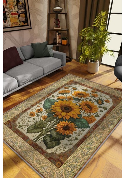 Homshtag Art Deco Ay Çiçeği Vintage Halı Görünümlü Dijital Baskı Çok Renkli Halı,rustik Çiçekli Halı Çok Renkli