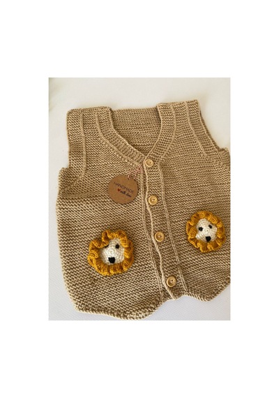 Adenya Sepeti El Örgüsü Açık Kahve Aslan Figürlü Bebek Yeleği Handmade Çok Renkli