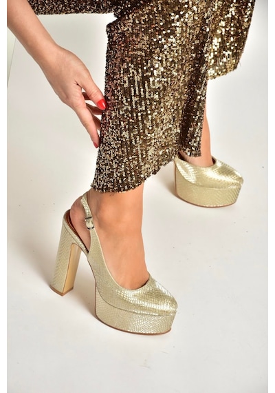 Fox Shoes Y246195107 Altın Yılan Baskı Platform Kalın Topuklu Kadın Abiye Ayakkabı Altın