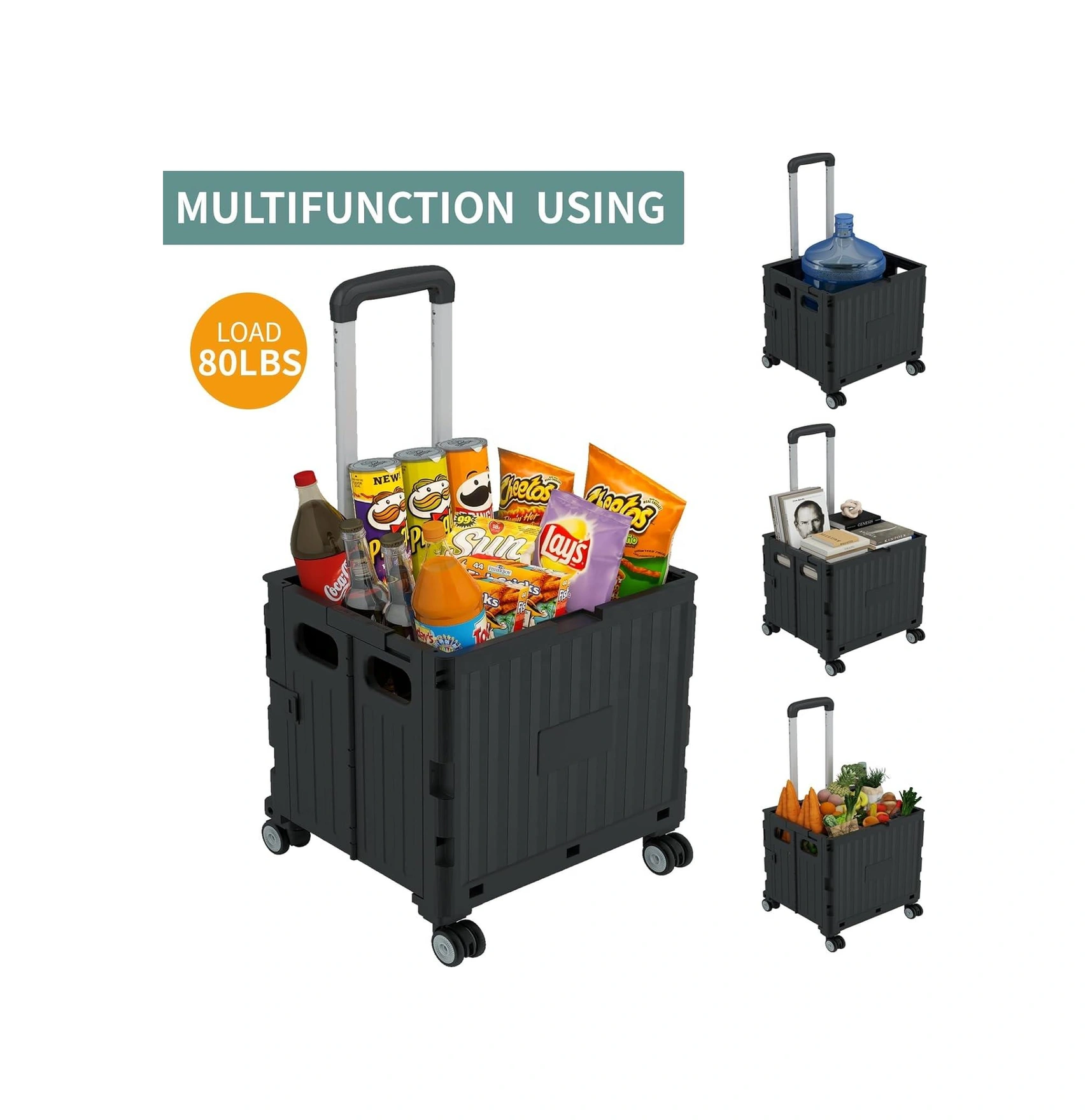 Valkyrie Katlanabilir 4 Tekerlekli Alışveriş Ve Depolama Çantası Kapaklı Teleskopik Çekme Kolu Kamp Plaj Çok Amaçlı Siyah