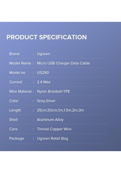 Ugreen 2.4A Micro USB Örgülü Data ve Hızlı Şarj Kablosu Beyaz 1 Metre