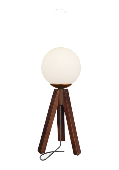 Modern Ahşap Ayaklı Cam Başlıklı Tripod Abajur Masa Lambası Mavi