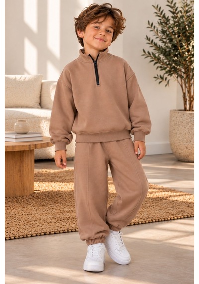 Zuzunga Unisex Çocuk Yarım Fermuarlı Dik Yaka Düz Renk Sweatshirt Ve Eşofman Takımı Bej