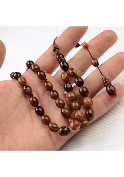 Beyzi Kesim 11x8 Mm Hareli Sıkma Kehribar Sistem Püsküllü Tesbih Kahverengi