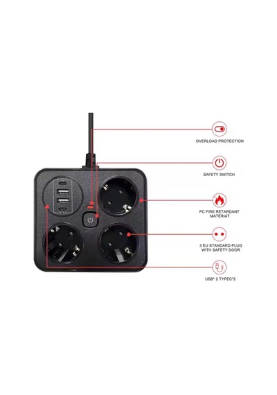 Akım Korumalı Anahtarlı Priz - 3x Priz - 2x Usb - 2x Type-c - 2 Mt Kablo Hızlı Şarj Özellikli Siyah 0 - 2 M