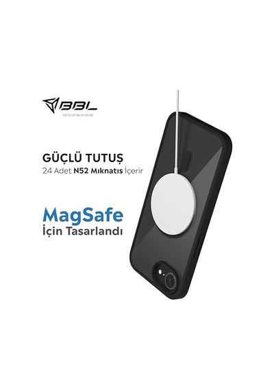 İphone İçin Kılıf Kamera Korumalı Magsafe Wireless Şarj Özellikli Şeffaf Renkli Kılıf İphone 16e Siyah 50 x 22