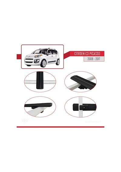 Citroen C3 Picasso 2007-2017 Arası İle Uyumlu Basic Model Ara Atkı Tavan Barı Siyah 3 Adet