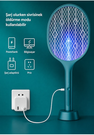Usb Şarjlı Uv Işıklı Elektrikli Sivrisinek Öldürücü Raket Sinek Öldürücü Arı Sivri Sineksavar 1