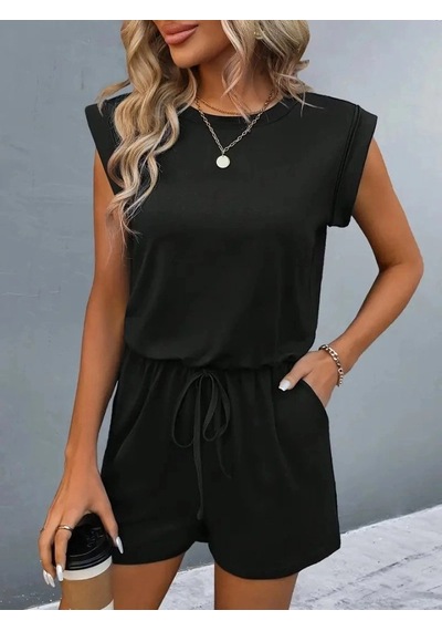 DefyModa Kadın Kısa Kollu Vatkalı Belden Bağcıklı Kısa Viskon Tulum Siyah