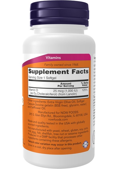 Now Foods, Vitamin D-3, 1,000 Iu, 180 Softgels Usa Menşeii Dmmedicineden Orijinal