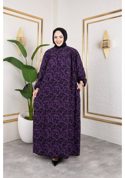 Nevayla Moda Robalı Desenli Viskon Elbise - Mor / E0126 Mor