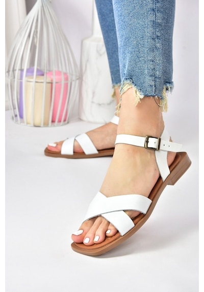 Fox Shoes Beyaz Hakiki Deri Çapraz Bantlı Günlük Kadın Sandalet
