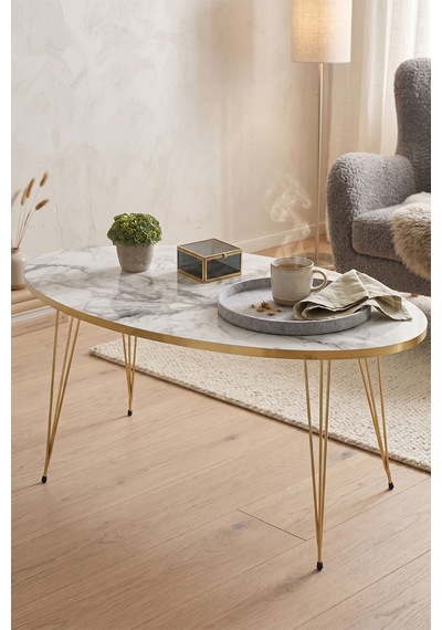 Elips Gold Detaylı Orta Sehpa Altın - Mermer