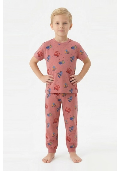 Modanıno Erkek Çocuk %100 Pamuk Kumaş Ve Baskılı Pijama Takımı 3-13 Yaş 12686ıs Mercan