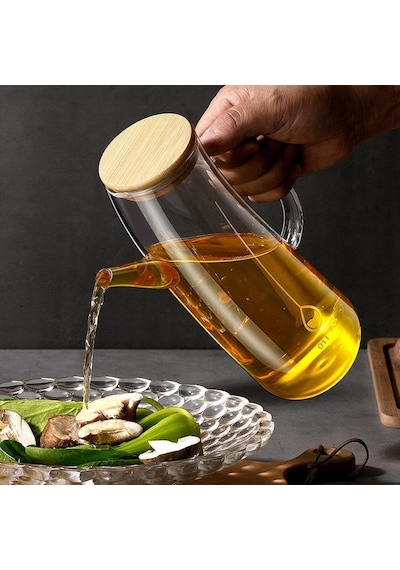 Bambu Kapklı Borosilikat Cam Yağlık & Sirkelik 1 Litre Isıya Dayanıklı & Sızdırmaz Tasarım Bambu Kapaklı Şeffaf Cam Yağdanlık 1000ml Çok Renkli
