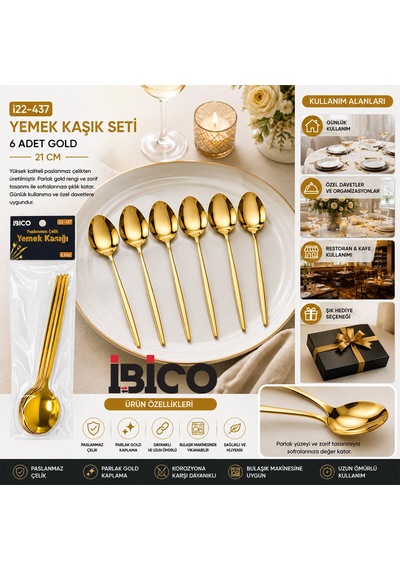 60 Parça Gold Yemek Kaşık Seti 21cm - 1 Paket İçinde 6 Adet Vardır - 10 Paket Gönderilir 5492 Çr