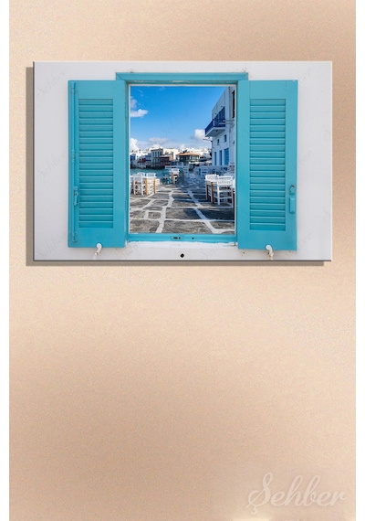 Yunanistan Mikonos Adası Deniz Kenarındaki Kafeler Dekoratif Yatay Kanvas Tablo 4039 Çok Renkli