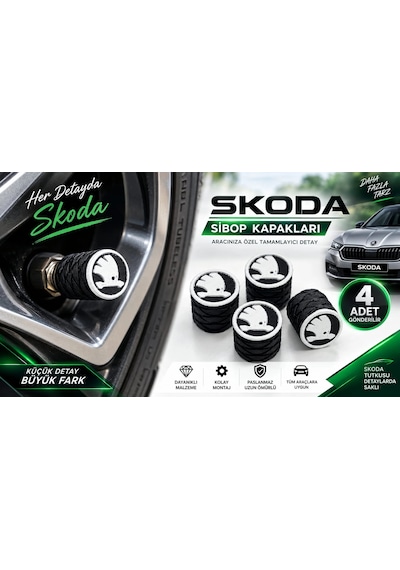 Skoda Sibop Kapağı , Skoda Araç Lastik Sibop Kapağı , Skoda Araç Tekerlek Sibop Kapağı - 4 Adet