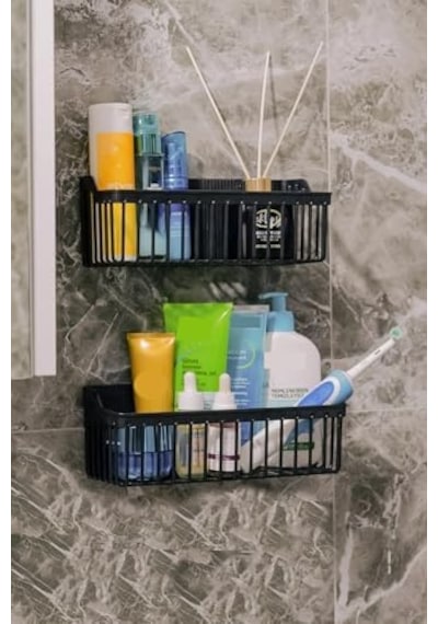 Yapışkanlı Banyo Rafı, 2'li Banyo Düzenleyici, Duş Rafı Organizer Şampuanlık, Duşakabin Rafı, Banyo Organizeri, Banyo Askısı Plastik Siyah