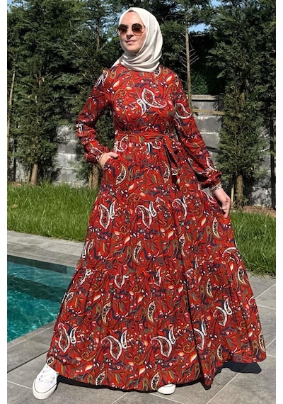 Rabia Şamlı Şal Desenli Elbise Kiremit Normal