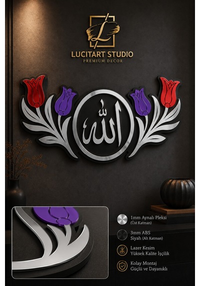 Studio Premium Allah Lafzı Aynalı Pleksi Duvar Dekoru Gold, Gümüş, Gold Rose 3mm Abs + 1mm Aynalı Pleksi Gümüş