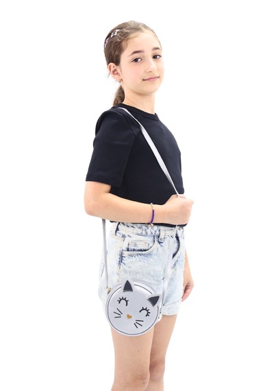 İcone Bag Yuvarlak Kedi Kafası Tasarımlı Kız Çocuk Omuz Çantası Suni Kız Çocuk Çantası Gümüş
