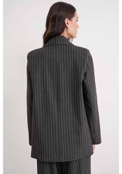 Mixray 4753 Kadın Çizgili Oversize Blazer Ceket Antrasit