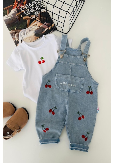 Miniğimin Cicileri Kiraz İşleme Detaylı Kız Bebek Salopetli 2... Mavi