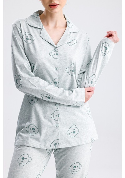 Yeni İnci Ayıcık Desen Pamuk Kadın Pijama Takım Yeşil