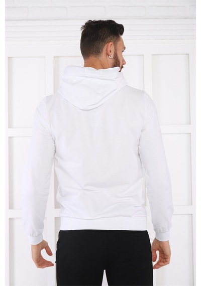 Escetic Spor Erkek Beyaz Cepli, Kapüşonlu Sweatshirt-4163